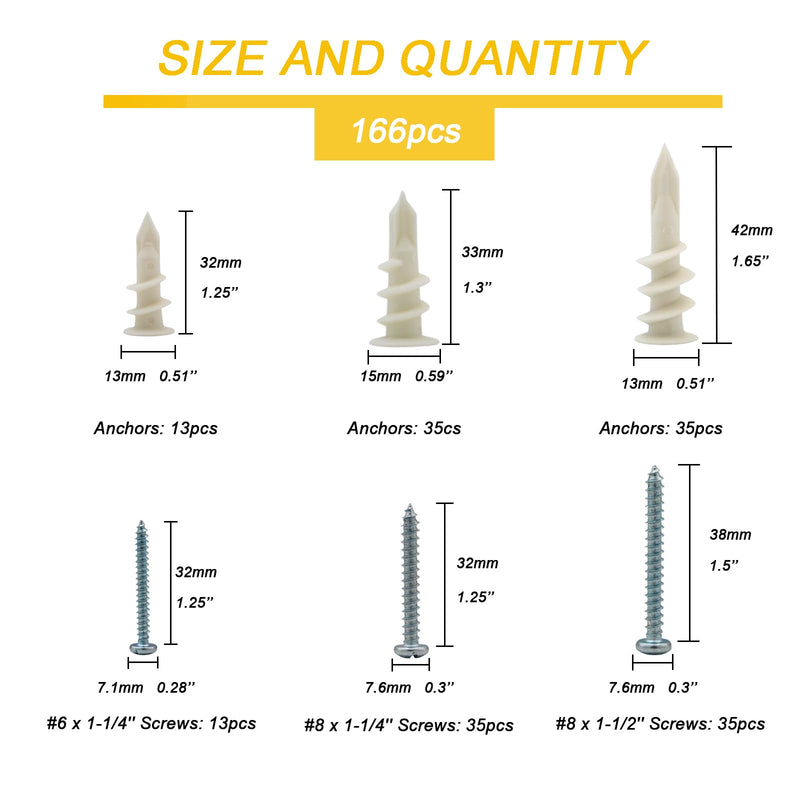 [Australia - AusPower] - 3 Sizes Self Drilling Drywall Anchors, 166PCS Nylon Plastic Wall Anchors and Screws for Drywall, No Pre Drill Hole Preparation Required,13x32mm,15x33mm,13x42mm 
