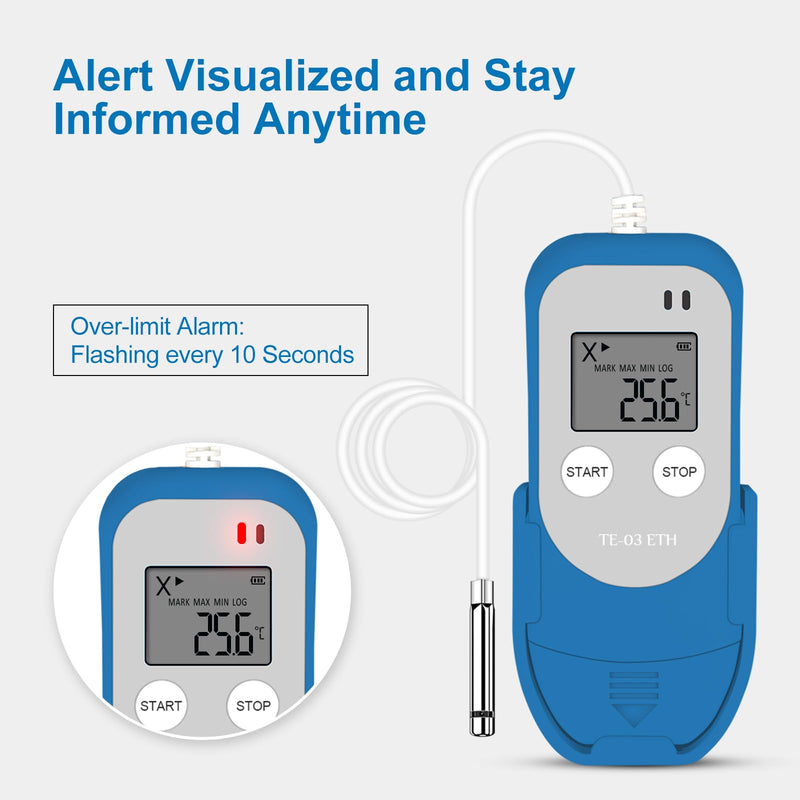 [Australia - AusPower] - ThermElc TE-03 ETH Temperature Data Logger High Precision Digital Probe, Temperature Humidity Data Logger Accuracy up to ±0.3°C, Automatic PDF CSV Report, LED Warning Light TE-03 ETH 1PCS 