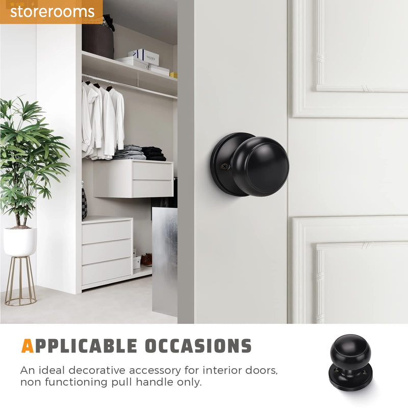 KNOBWELL 6 Pack Black Dummy Door Knob, Single Sided Handle for Closets, French Double Doors, and Pantry, Matte Black One Side Non-Turning Interior Push/Pull Door Knob
