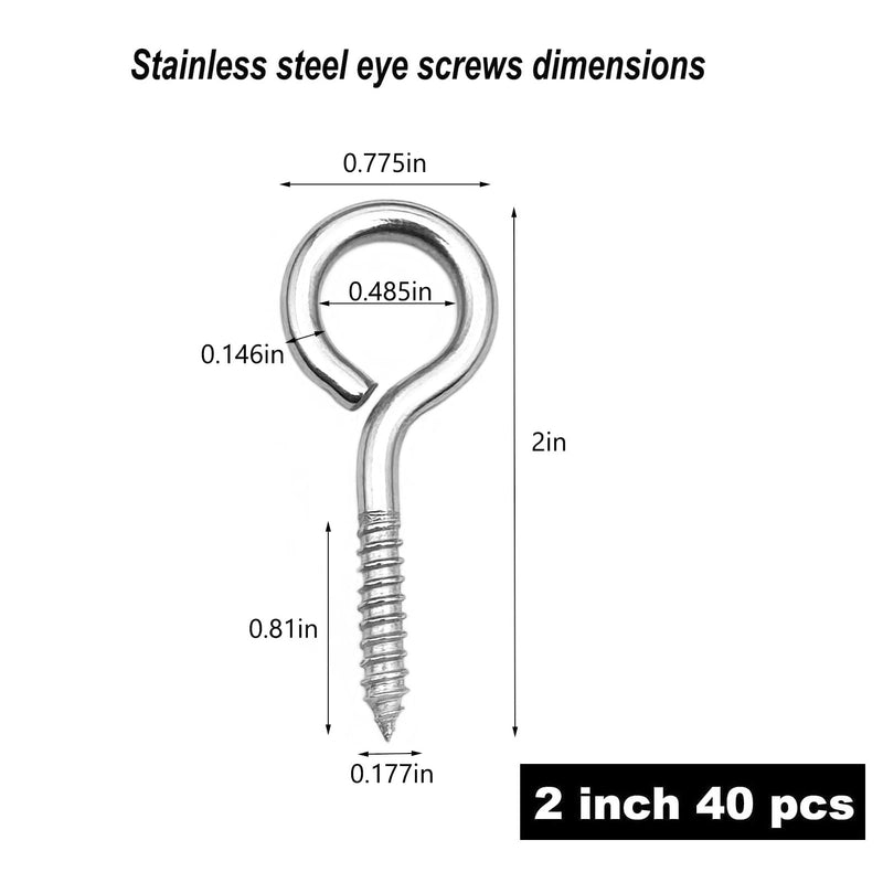 [Australia - AusPower] - 40 Pcs Stainless Steel Screw Eyes Screw Hooks, 2 Inch Heavy Duty Eye Bolts, Ourdoor & Indoor Use 