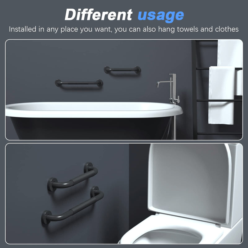 2 Pack 12 Inch Anti-Slip Shower Grab Bars w/Rubber Grip, iMomwee Stainless Steel Bathroom Wall Mount Matte Black Grab Bar Handle, Safety Balance Handrail, Handicap Elderly Senior Assist Bath Handle matte black with rubber grip