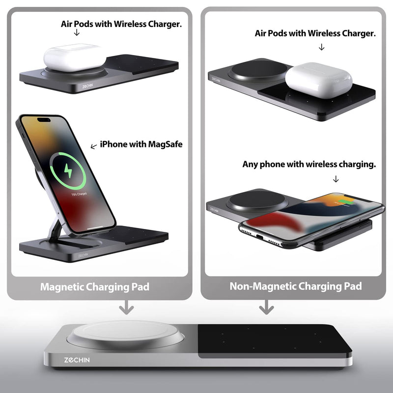 [Australia - AusPower] - Mag-Safe Charger Stand for iPhone， Wireless Charger Stand for Apple Products, 2 in 1 Magnetic Charging Station for iPhone 15/14/13/12 Series, Airpods 3/2/Pro with Adapter (Black) black 