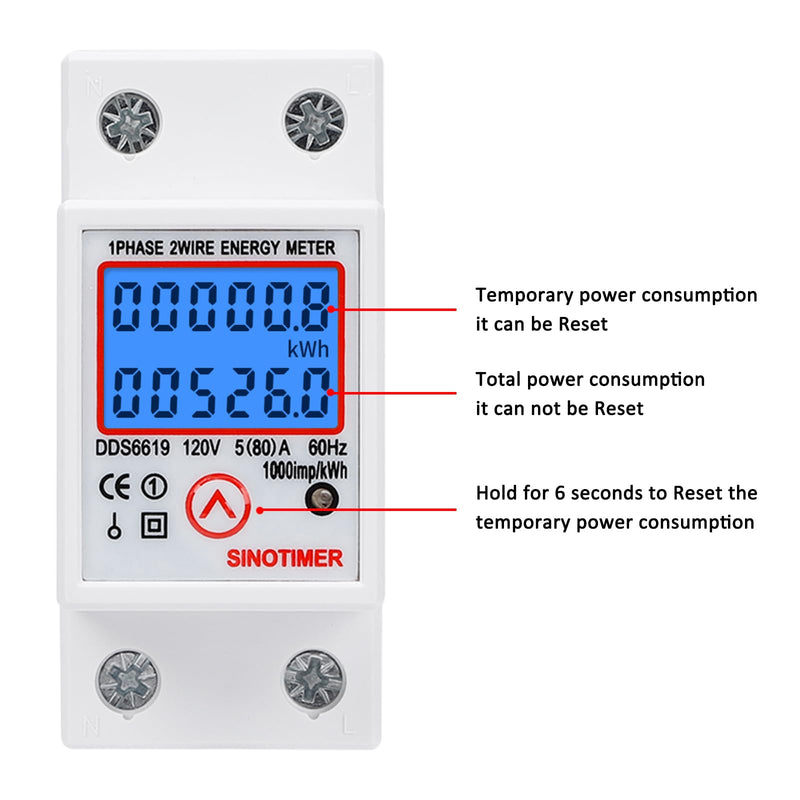 [Australia - AusPower] - DDS6619 Din Rail Single Phase Energy kWh Electric Meter 120VAC 5(80) A 60Hz Power Consumption Meter Watt Meter, LCD Backlight Digital Display with Reset Function 