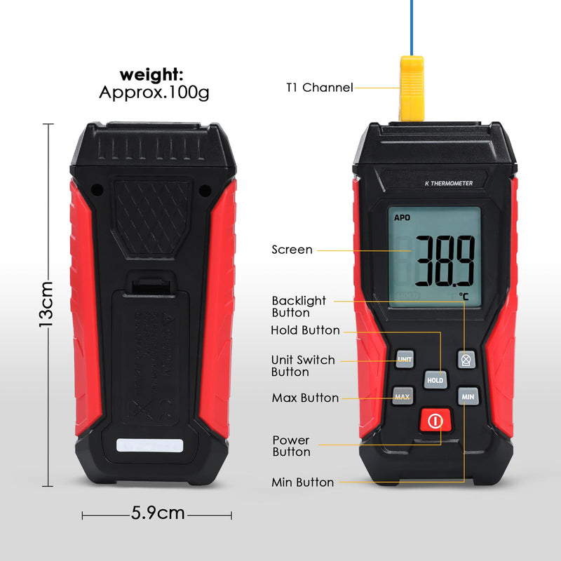 [Australia - AusPower] - Digital K Type Thermometer, Thermocouple Thermometer Single Channel Thermocouple Tester(-328~2501℉) with 1 Temperature Clamp and 1 Thermocouple Probes LCD Display for K Type 