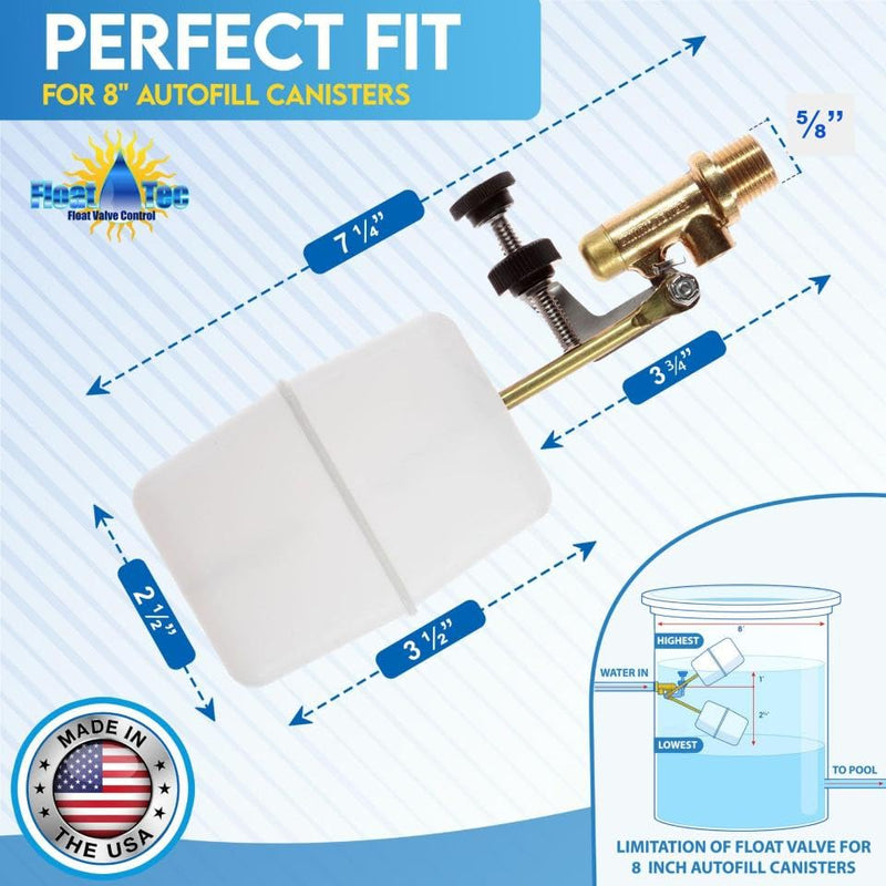 [Australia - AusPower] - Float Tec EZ Adjust Brass Replacement Float Valve 3/8" NPT Male Threads with 3" arm for Autofill, Pools, Spas, Water fountains, Livestock Water Trough, Water Tanks Fits 8" Canister 7 1/4" Long 