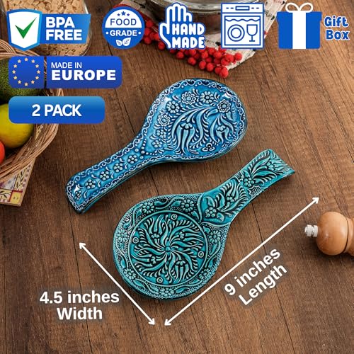 Ceramic Spoon Rest for Stove Top & Kitchen Counter, 9" Hand-Painted (2 PCS) Blue-Turquoise (Set of 2)