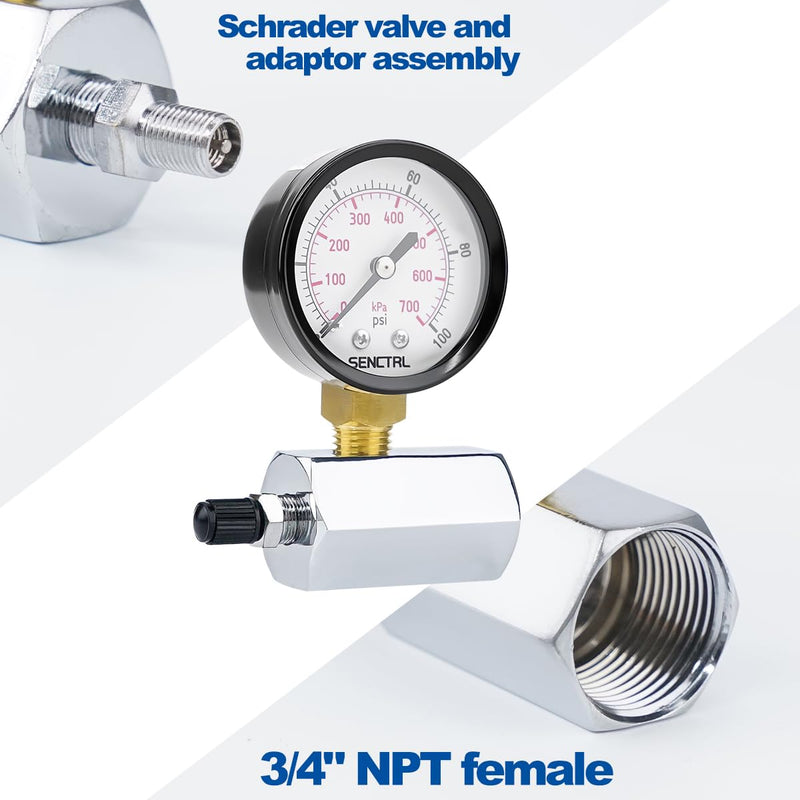 [Australia - AusPower] - 0-100 Psi Gas Pressure Test Gauge, 2" Dial Size, 3/4" FNPT Connection, Brass Valve, Chrome Plated Steel Body Assembly 0-100 psi 