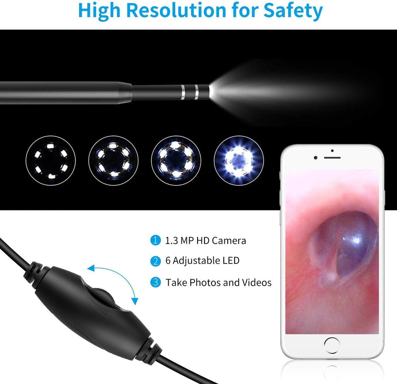 [Australia - AusPower] - 3in1 USB Otoscope-Ear Scope Camera, Mini New Upgraded 5.5mm Diameter Visual Ear Camera HD Ear Endoscope with Earwax Cleaning Tool and 6 Adjustable LED Lights for OTG Android and Windows & Mac. 