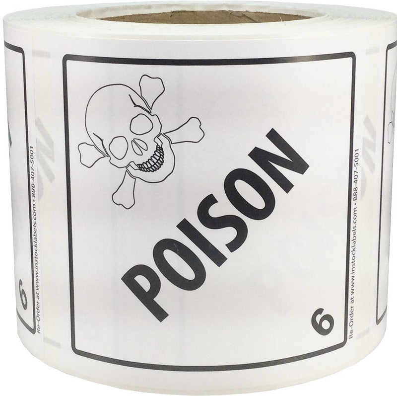 Hazard Class 6 D.O.T. Poison Labels, 4 x 4 Inch Square Black and White Hazmat Stickers, 500 Total Adhesive Labels on a Roll for Shipping and Compliance – Made in the USA