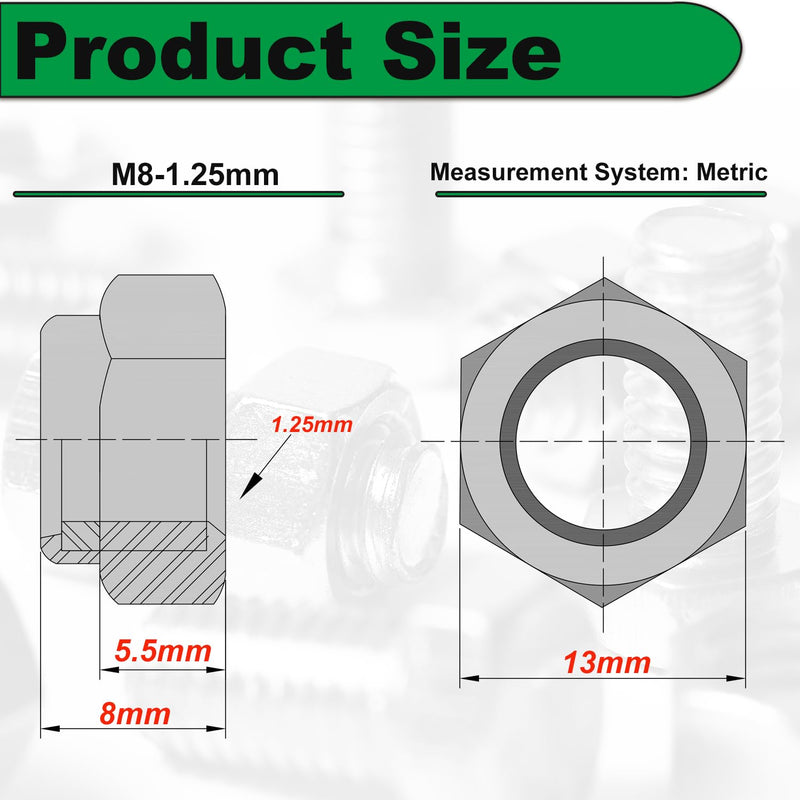 [Australia - AusPower] - M8 1.25 Locknuts Metric Nylon Inserted Hex Lock Nuts Self-Lock Nylon Insert M8x1.25mm 304 Stainless Steel Self Locking 13mm Hex Nut Driver Nut Right Hand M8-1.25 20 Pcs M8-Stainless Steel 