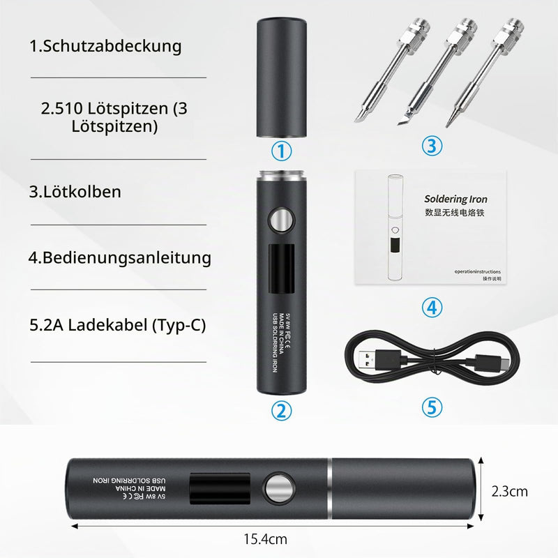 diymore Battery Soldering Iron Set, USB Wireless Soldering Iron, 5 Gears Temperature Adjustable 260 °C - 420 °C, 3 Soldering Tips, Soldering Iron Battery for Repair of Welding 10 W (1400 mAh)