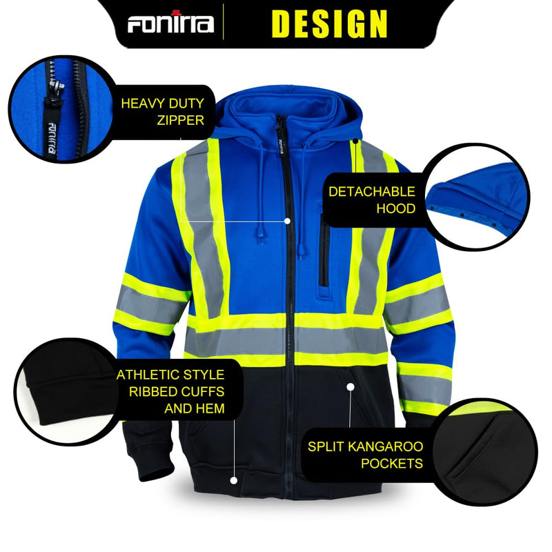 FONIRRA Hi Vis Safety Fleece Zip Hoodie for Men Reflective Sweatshirts ANSI Class 3 Jackets Detachable Hood (Blue,M) Medium Blue