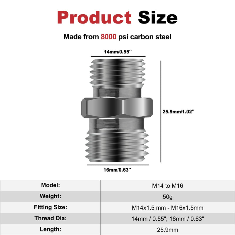 [Australia - AusPower] - 2Pcs M14 to M16 Carbon Stee Fittings Adapters for Mini Excavator Hydraulic Hose Pipe Thread Connector Compatible with AGT、FF Industries、VICSEC、Miva、Machpro、TPM 