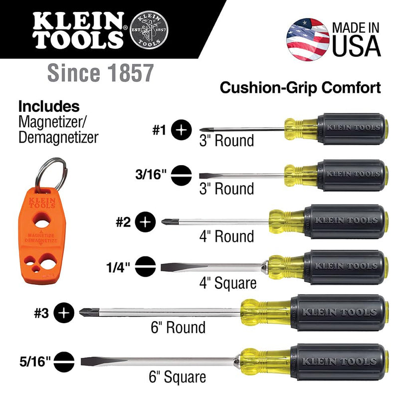 Klein Tools 85146 Screwdriver Set with Magnetizer / Demagnetizer for Magnetic Tips 3 Slotted, 3 Phillips, Home Improvement, 7-Piece 6 -Piece Set with Magnetizer