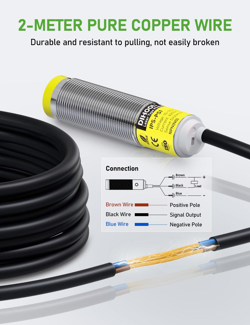 [Australia - AusPower] - DIHOOL Photoelectric Proximity Sensor, Laser Motion Switch,IP65 Waterproof, Normally Open NPN NO, M16, 3 Wires,12V/24V Input(10-30VDC), Detection Distance Adjustable from 3cm to 80cm 