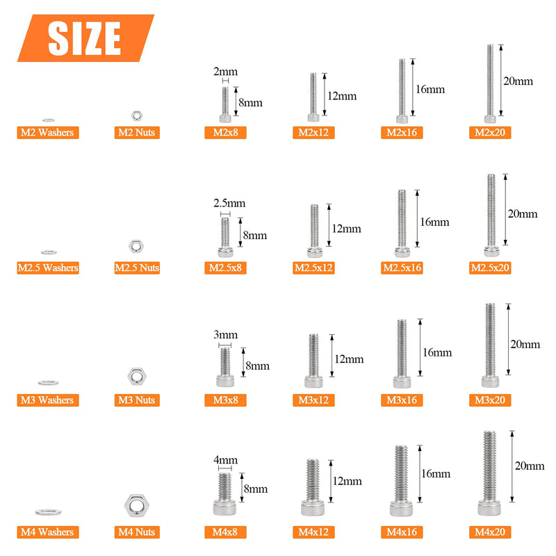 [Australia - AusPower] - 1280 Pieces M2 M2.5 M3 M4 304 Stainless Steel Hex Socket Cap Metric Screws Bolts Washers Nuts Hardware Assortment Kit with Hex Wrenches 