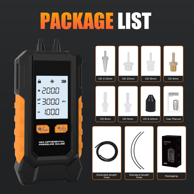 Manometer Gas Pressure Tester -101 to 200KPa Digital Manometers Dual-Port Gas Manometers HVAC with Auto Calibration, Backlight LCD Display, Data Hold Air Pressure Meter Small-PT503