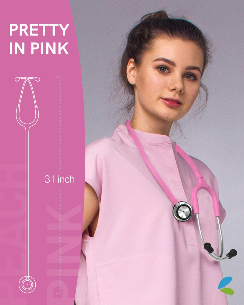 [Australia - AusPower] - FriCARE Pink Stethoscope - Stethoscopes for Nurses Medical Nursing Students - Fashion Accessories in Nurse Supplies for Work, StethoMedic Essentials, Match with Uniform, Dual-sided Chestpiece, 31 inch Peach Pink 