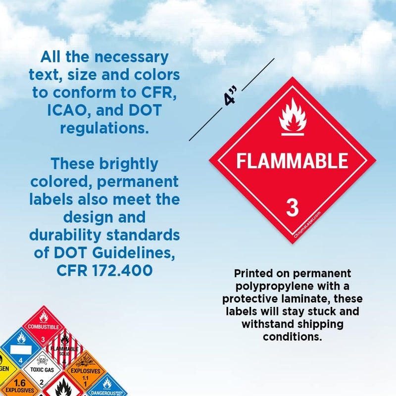 ChromaLabel 4 by 4 Permanent Durable Square D.O.T. Hazard Labels, Hazard Class 3 Flammable Label, 100/Roll (Pack of 2) 4" x 4" (Pack of 2)