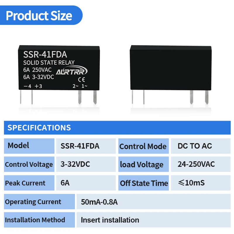 (10pcs)12V 5V 3v 3.3V Solid State Relay 41fda,Dc to Ac,Input 3-32vdc,Output 24-250VAC,0.8amp,Non-Contact,Mini,Slim,Micro for ESP32 Raspberry Pi small 10pcs DA