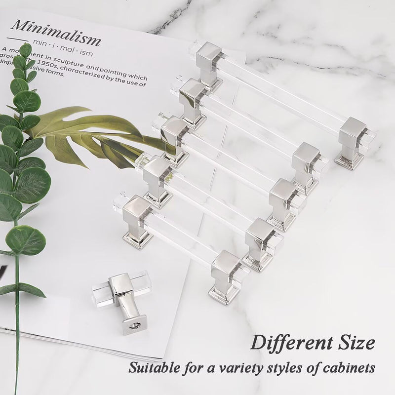 10 Pack Adjustable Kitchen Cabinet Handles, 3 Inch Hole Center Clear Acrylic Cabinet Pulls, Zinc Alloy Base Polished Chrome, Modern Glass Drawer Pulls for Kitchen and Bathroom Cabinets Hole Center:3inch(76mm) 10