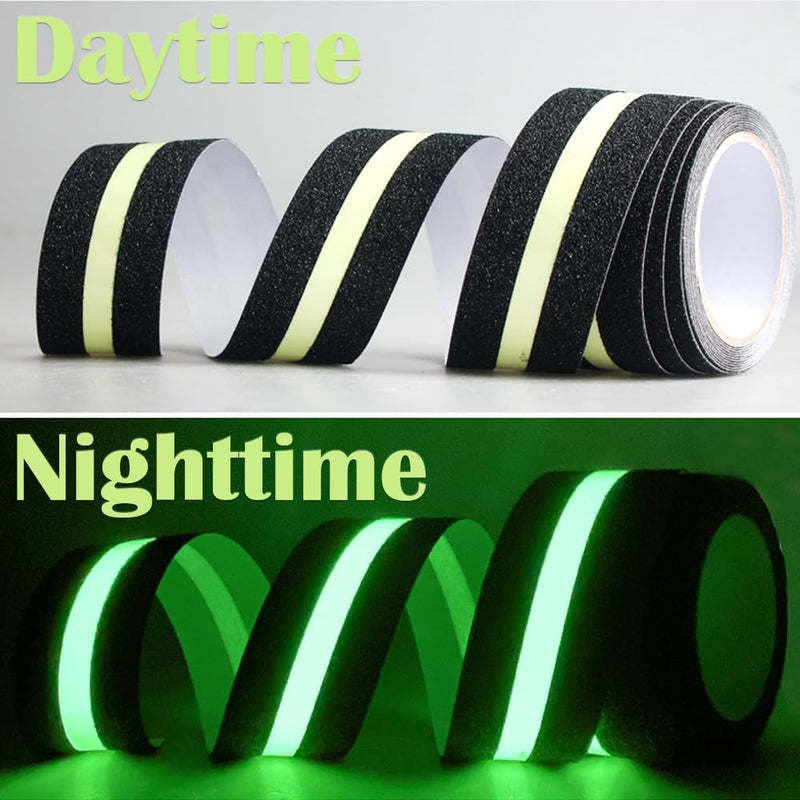 1Roll 5cmx5m Anti-Slip Traction Tape with Glow in the Dark Stripe, Waterproof Non-Skid Adhesive for Stairs, Steps, Outdoor & Indoor Use, High-Traction Safety Treads for Kids & Seniors (Black) Black