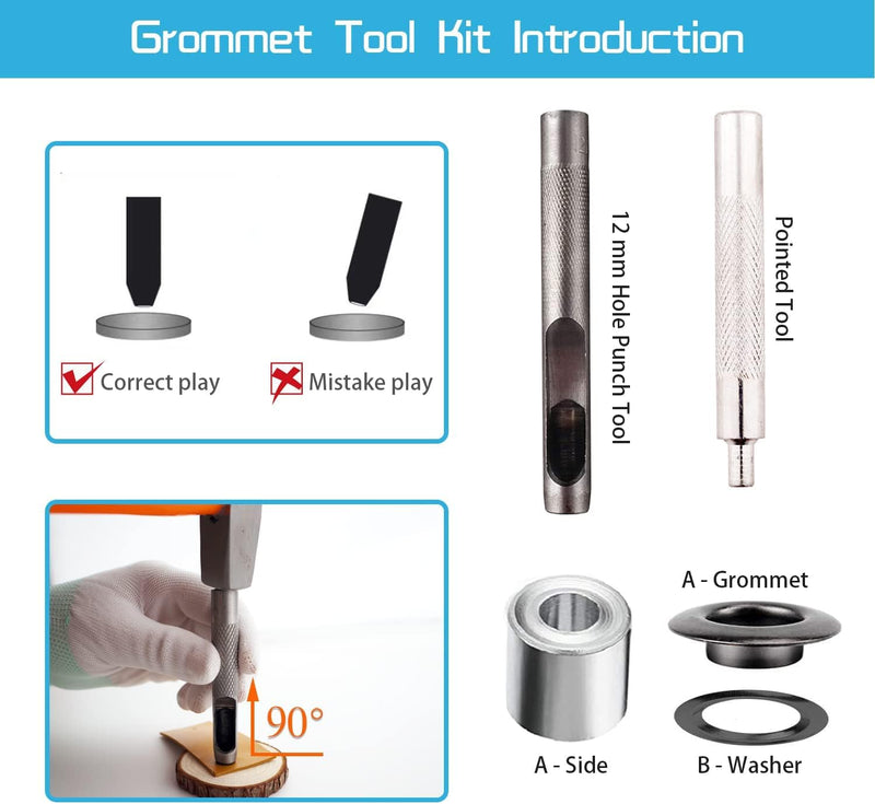 [Australia - AusPower] - Grommet Tool Kit, 1/2 Inch Grommets Eyelets Sets,100 Sets Grommets, Eyelets Kit with 3 Pcs Leather Punch Tool, Stainless Steel Grommets for Fabric, Canvas, Shoes, Tarps, Clothing (Black and Silver) 