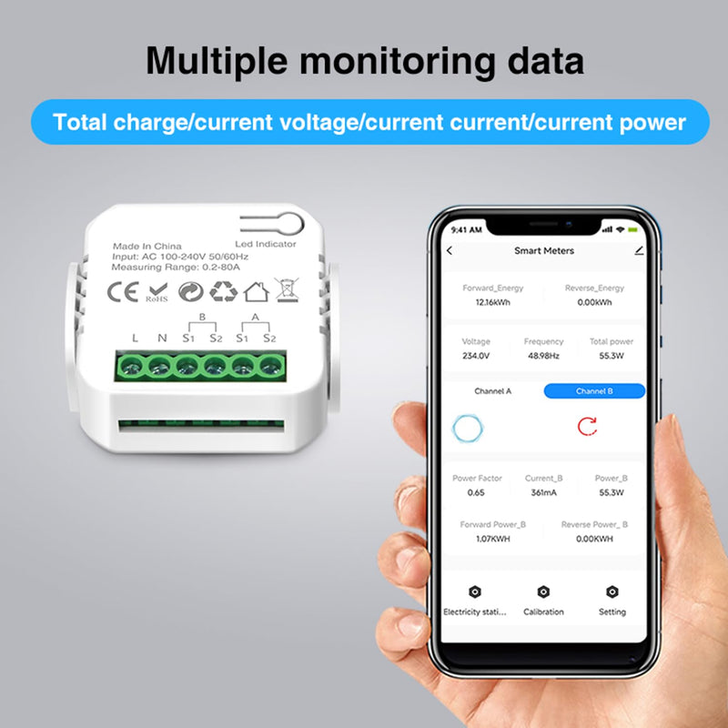 [Australia - AusPower] - WiFi Smart Electricity Meter: Dual Channel Smart Home Energy Monitor with 2PCS 80A CT Clamp, Calibration Function, Tuya Smart Life App Remote Control, Real Time Electricity Monitor 