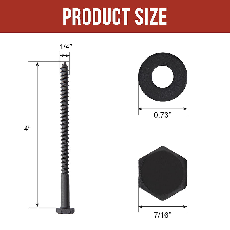 1/4" x 4" Lag Bolts (100 PCS) Black Lag Screws for Wood, Double Anti-Rust Coatings, Heavy Duty Hex Head with Washers 1/4"x4"