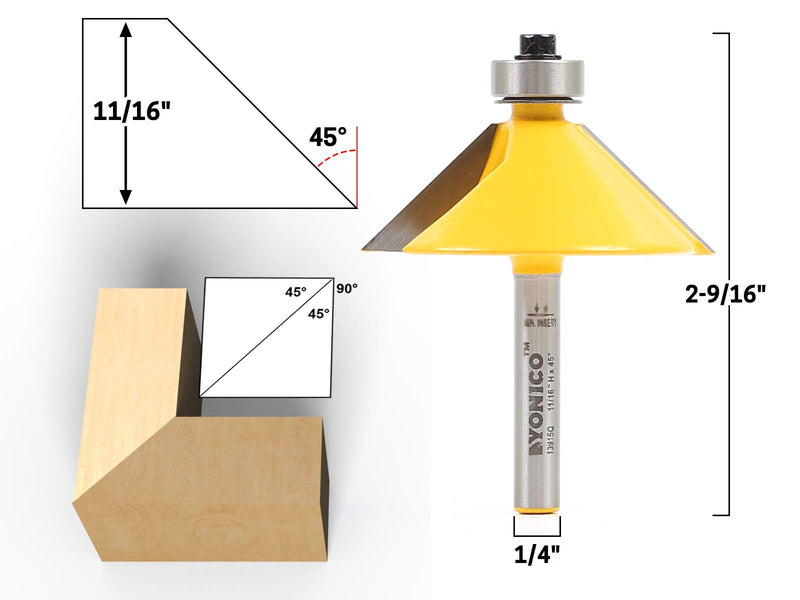 [Australia - AusPower] - Yonico Chamfer Router Bits Bevel Edge Forming 45 Degree 1/4-Inch Shank 13915q 45° - 11/16" Length - 1/4" Shank 