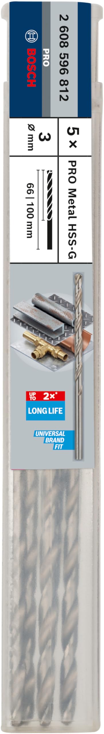 [Australia - AusPower] - Bosch 5 x PRO Metal HSS-G Twist Drills Long (for Non-Ferrous Metals, Steel, Diameter 3.00 mm, Professional Accessories Drill/Screwdriver) Ø 3 mm Pack of 5 