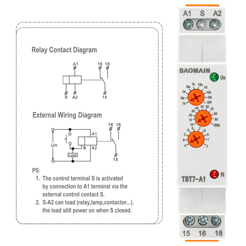 BAOMAIN Multifunction Timer Relay 12-240VAC/DC 16A 10 Functions 1 SPDT Time Relay for DIN Rail Mounting TBT7-A1