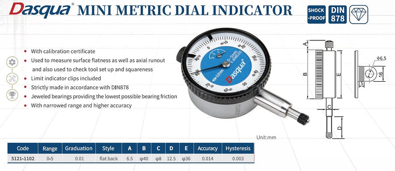 [Australia - AusPower] - Dasqua 5121-1102 0-5Mm Flat Back Mini Metric Dial Indicator 