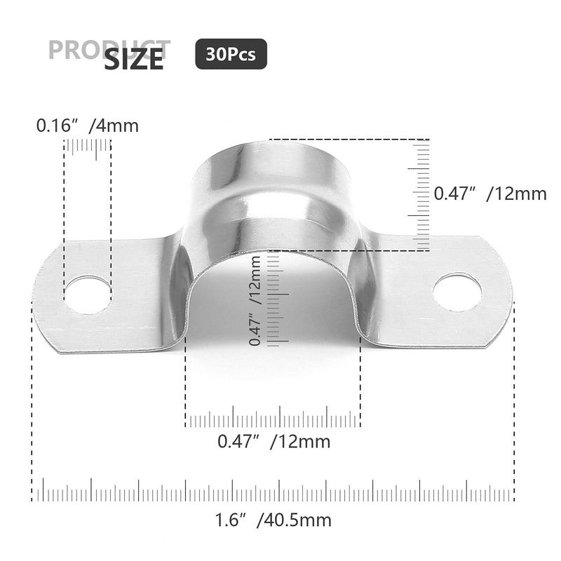 [Australia - AusPower] - 30Pcs M12 Rigid Pipe Strap, 1/2" Stainless Steel 2 Holes Cable U Bracket Pipe Clamp for Fixing Pipe or Cable, 0.47" Width 30Pcs M12 