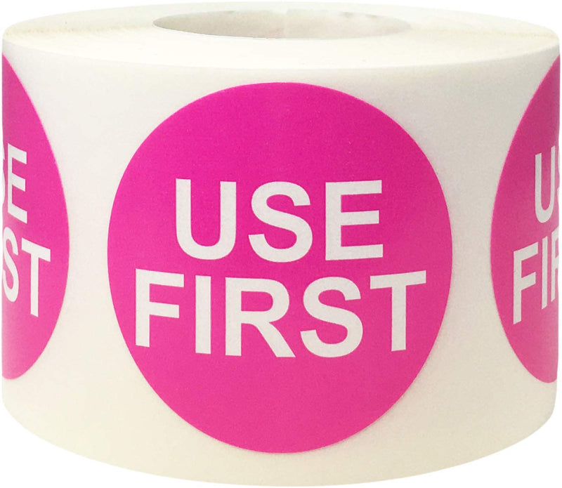 Hot Pink Circle with White Use First Stickers 1.5 Inch Round Labels for Inventory Rotation FIFO Food Storage Organization Shelves and Warehouse 500 Adhesive Labels Per Roll Made in the USA