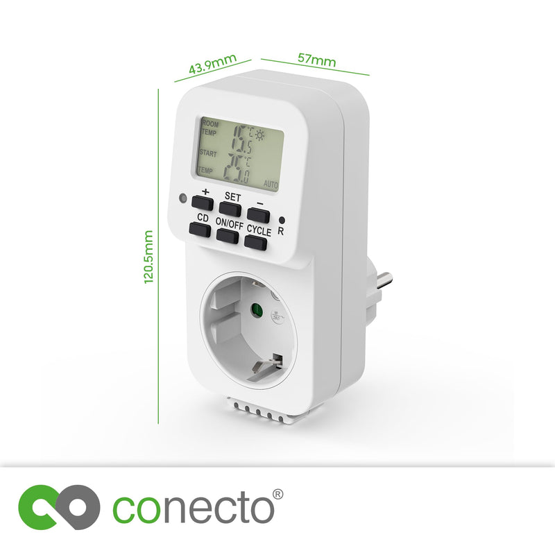 [Australia - AusPower] - conecto Digital Thermostat Socket with Internal Sensor and Time Control for Terrarium, Greenhouse, Smoker, Heating, Temperature Control, Cooling and Frost Monitor, 3600 Watt, White 