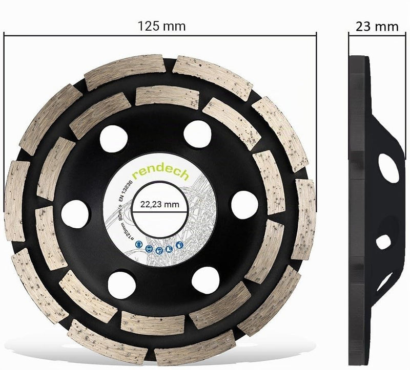 Rendech Diamond Cup Wheel 125 mm with Height 23 mm | Ideal for tile adhesive, concrete, screed, plaster, masonry and much more - Suitable for angle grinders and concrete grinders