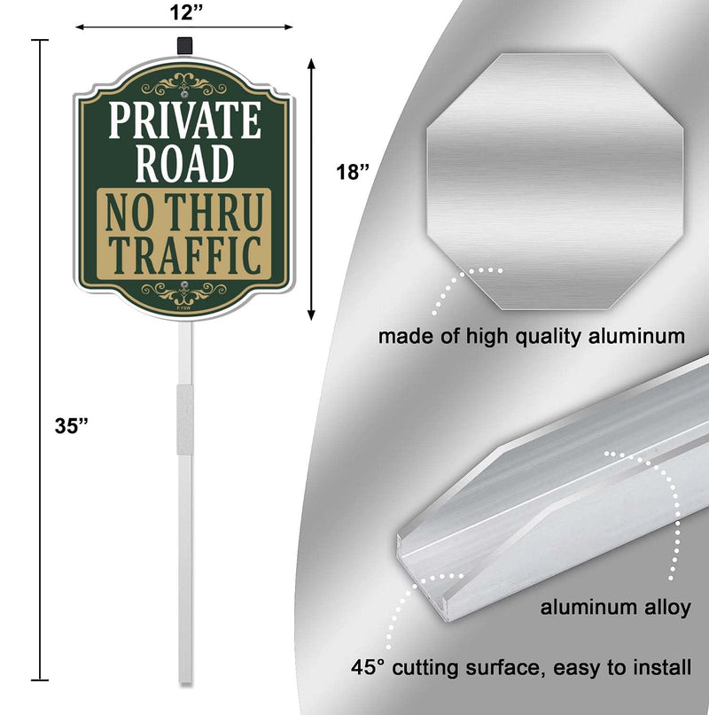 Private Road No Thru Traffic Sign 12" x 18" With 35" Long Metal Stakes No Through Road Private Drive Sign Private Driveway No Trespassing Sign Private Property Sign Stand Aluminum Outdoor Use Sign