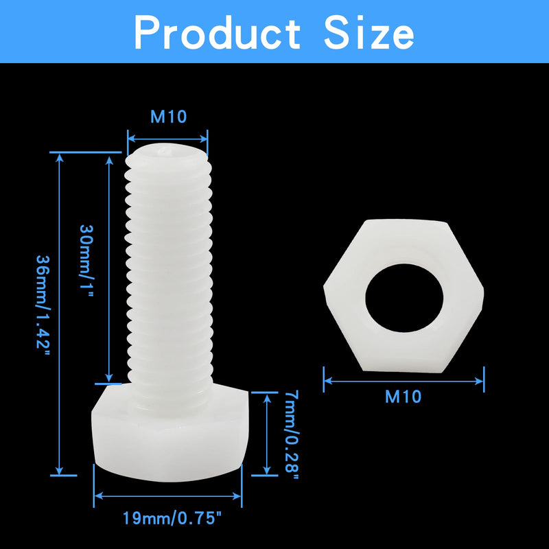 [Australia - AusPower] - Biaungdo 20 Pair M10 x 30mm Nylon Hex Bolts, White Plastic Hex Bolts Full Thread Hex Head Screws and Nuts Set M10x30mm 