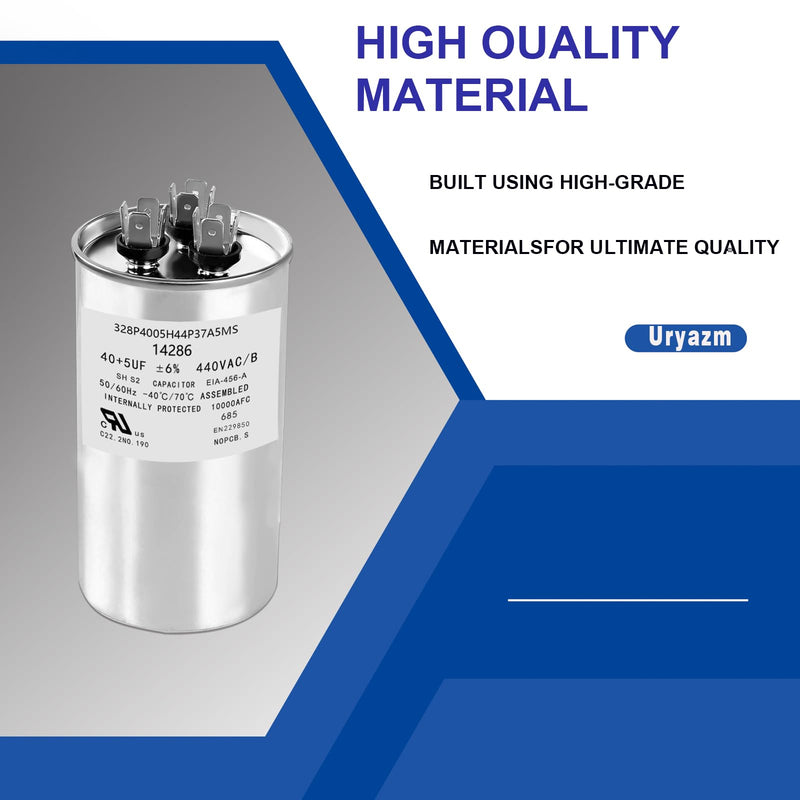 40+5 uf MFD 370/440 VAC Dual Run Round Capacitor, Universal AC Capacitor Replacement for HVAC Air Conditioner, Heat Pump, Condenser Straight Cool (14286) 14286