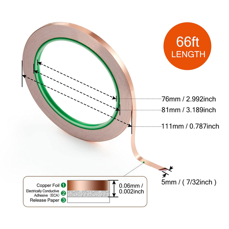 CHANZON Copper Foil Tape 5mm 7/32 inch x 66ft Double Sided Conductive Adhesive for Soldering,Electric,Stained Glass,Crafts,Repair,Paper Circuits,Grounding,Guitars
