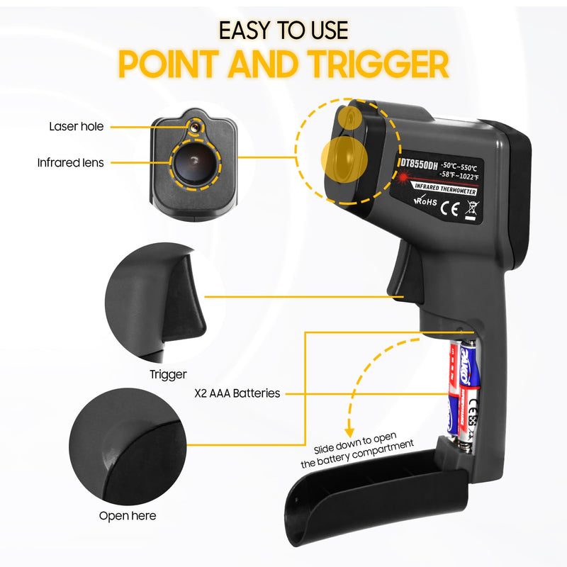 [Australia - AusPower] - Seentech DT8380BH Industrial Infrared Thermometer - Non-Contact Temperature Tester for Kitchen & Industrial Use, -50°C to 380°C Range, High Precision with Laser Targeting (DT8550DH) DT8550DH 