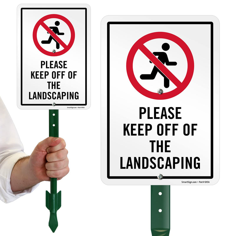 SmartSign 10 x 7 inch “Please Keep Off Of The Landscaping” LawnPuppy Yard Sign and 18 inch Stake Kit, 40 mil Laminated Rustproof Aluminum, Red, Black and White, Set of 1 7" x 10" Aluminum Sign + Stake