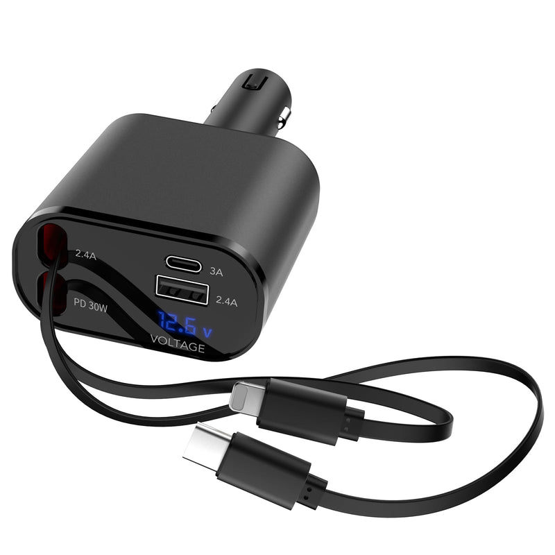 [Australia - AusPower] - Retractable Car Charger, 4 in 1 Fast Charging Car Charger 60W, Retractable Cable and 2 USB Ports Car Charger Adapter Compatible with iPhone 15 14 13 12 11 Pro Max, Galaxy S23, Pixel Car Charger Type C+Lightning-CL B 