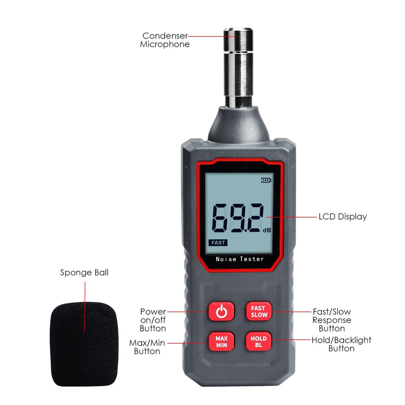 [Australia - AusPower] - Decibel Meter, Digital Sound Level Meter 30-130 dB Portable SPL Meter Noise Tester with LCD Backlight Fast/Slow Mode, Sound Decibel Meter for Home Factories 