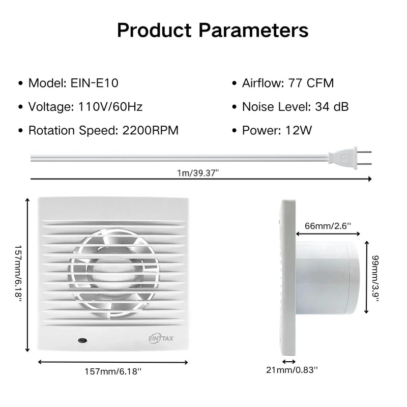 4 Inch Wall Mount Bathroom Exhaust Fan, Plug in Wall Exhaust Fan, 12W 77 CFM Bathroom Window Fan with Backdraft Damper for Kitchen, Garage, Office, 34 dB, White E10-Plug