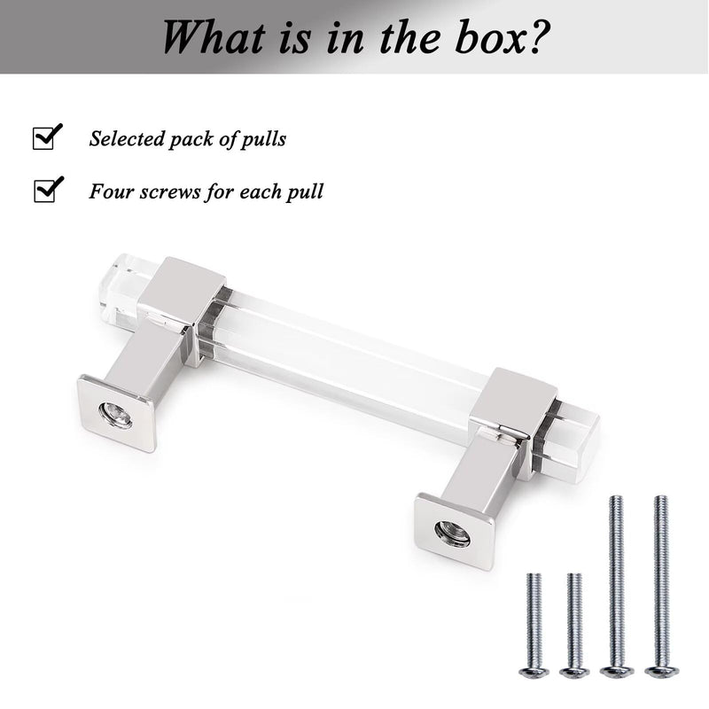 10 Pack Adjustable Kitchen Cabinet Handles, 3 Inch Hole Center Clear Acrylic Cabinet Pulls, Zinc Alloy Base Polished Chrome, Modern Glass Drawer Pulls for Kitchen and Bathroom Cabinets Hole Center:3inch(76mm) 10