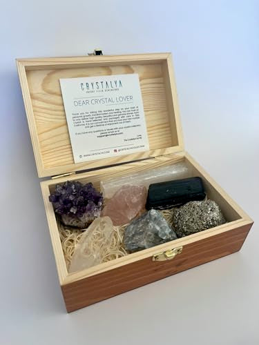 CRYSTALYA Premium Raw Crystals and Healing Stones in Wooden Gift Box Set + 50pg EBOOK + Info Guide – 7pcs Large 2-2.5” Natural Raw Crystals, Collection, Yoga, Reiki, Made in U.S.A