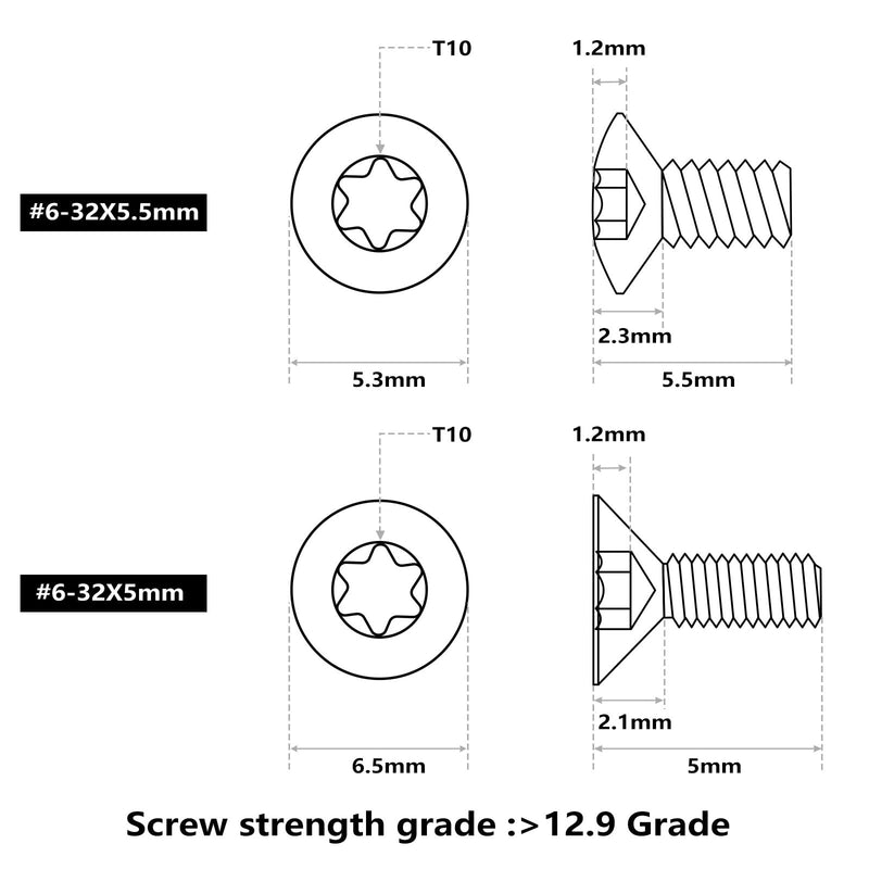 [Australia - AusPower] - ohhunt 60 Pcs 6-32x5.5mm/5mm/8.55mm/9.5mm/10.8mm/12.3mm Alloy Steel Flat Head Screw for Red Dot Sight 