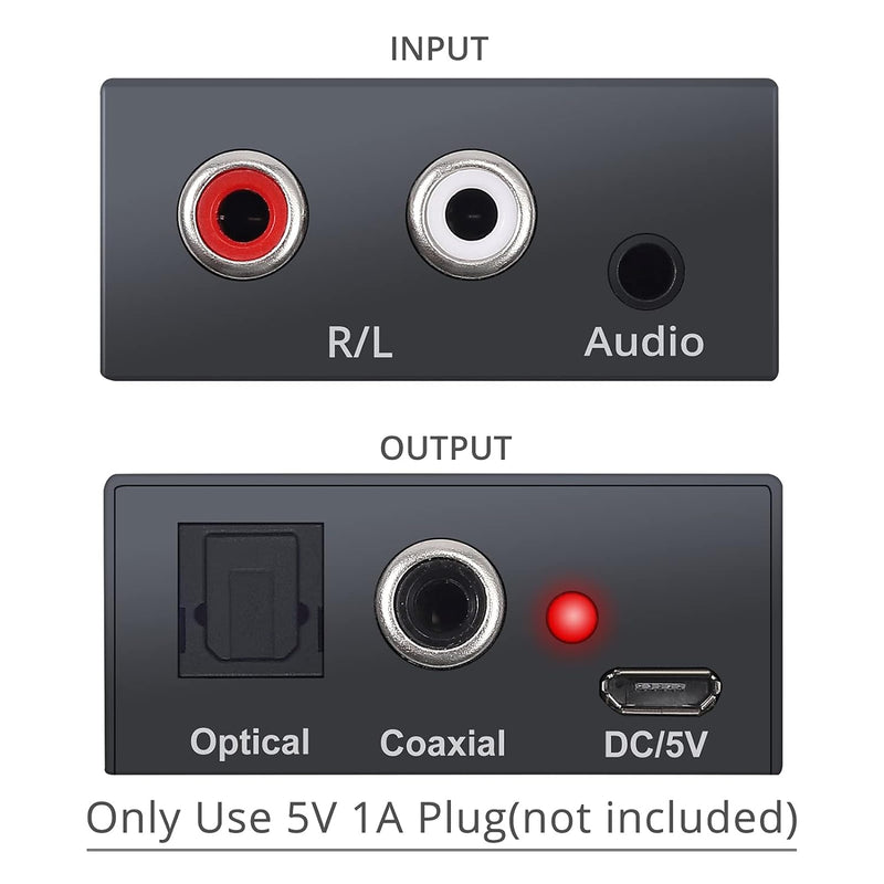 Analog to Digital Audio Converter, Tohilkel 2RCA R/L or 3.5 mm Jack Aux to Toslink SPDIF Optical and Coaxial, Support Dual Ports Output Simultaneously, with Power Adapter